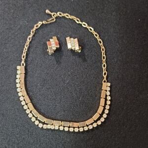 Vintage Necklace Matching Clip On Earring Gold Crystal Choker Style Reticulated